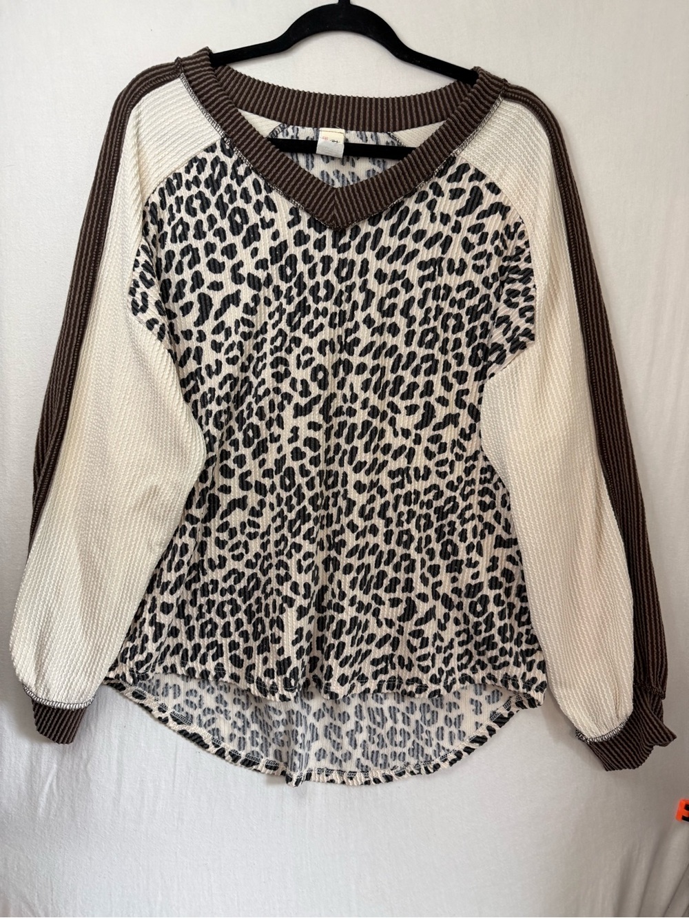 Womens Leopard Print Ribbed Slouchy Oversized Top with Brown Trim Size L